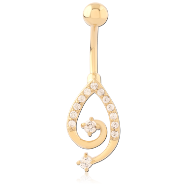 GOLD PVD 18K COATED SURGICAL STEEL NAVEL BANANA TEARDROP SPIRAL PAVE GEM