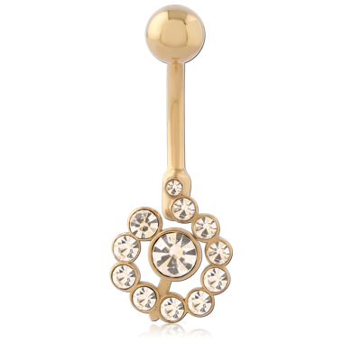 GOLD PVD 18K COATED SURGICAL STEEL NAVEL BANANA HALO CIRCLE WITH CENTER GEM