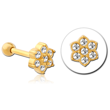 GOLD PVD 18K COATED SURGICAL STEEL JEWELED TRAGUS MICRO BARBELL - FLOWER