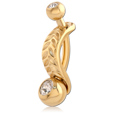 316L GOLD PVD 18K COATED SURGICAL STEEL INTIMATE SHIELD CURVED BARBELL DOUBLE GEM LEAF