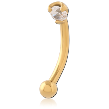 GOLD PVD COATED SURGICAL STEEL JEWELED 2.5MM ROUND PRONG SET FANCY CURVED MICRO BARBELL