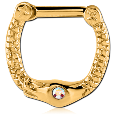 GOLD PVD COATED SURGICAL STEEL JEWELED SNAKE HINGED SEPTUM CLICKER