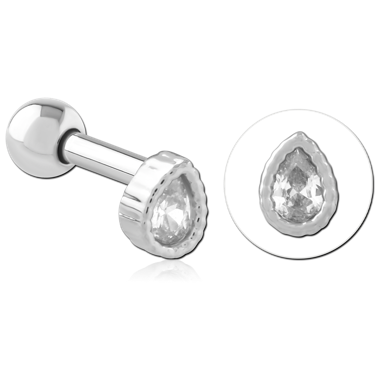 316L SURGICAL STEEL BARBELL TEARDROP BEZEL SET CLEAR GEM MILGRAIN EDGE