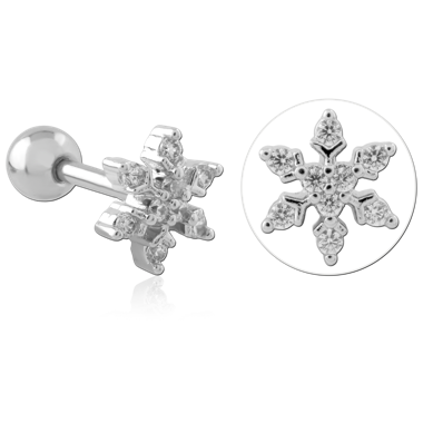316L SURGICAL STEEL BARBELL SNOWFLAKE PAVÉ CLEAR GEM DETAILED FLAKE