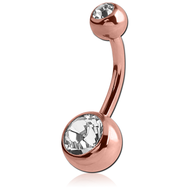 ROSE GOLD PVD COATED SURGICAL STEEL DOUBLE OPTIMA CRYSTALS NAVEL BANANA