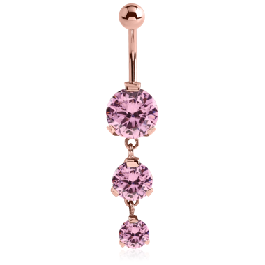 ROSE GOLD PVD COATED SURGICAL STEEL TRIPLE ROUND CZ JEWELED WITH DANGLING NAVEL BANANA