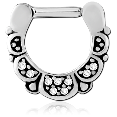 SURGICAL STEEL HINGED SEPTUM CLICKER FILIGREE FAN DESIGN WITH CLEAR GEMS