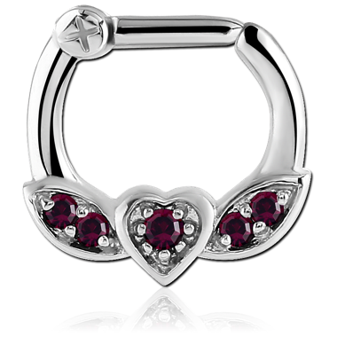 SURGICAL STEEL WINGED HEART PRONG SET JEWELED HINGED SEPTUM CLICKER
