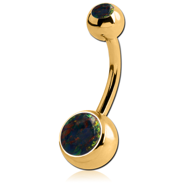 STERILE GOLD PVD COATED SURGICAL STEEL DOUBLE JEWELED NAVEL BANANA WITH SYNTHETIC OPAL