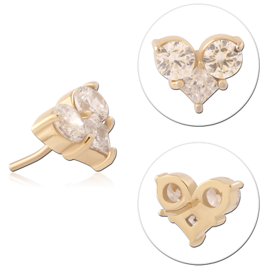 GOLD PVD 18K COATED SURGICAL STEEL THREADLESS TOP TWO ROUND AND TRILLION GEMS