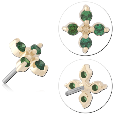 14K YELLOW GOLD ATTACHMENT WITH TITANIUM THREADLESS TOP FOUR CLEAR GEM CLOVER