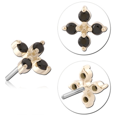 14K YELLOW GOLD ATTACHMENT WITH TITANIUM THREADLESS TOP FOUR CLEAR GEM CLOVER