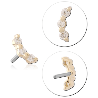 14K YELLOW GOLD TOP WITH TITANIUM THREADLESS PIN TRIPLE ROUND GEM CURVE