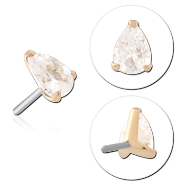 14K YELLOW GOLD TOP WITH TITANIUM THREADLESS PIN PEAR CLEAR GEM PRONG
