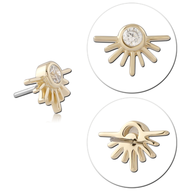 14K YELLOW GOLD TOP WITH TITANIUM THREADLESS PIN SUNBURST ROUND BEZEL GEM