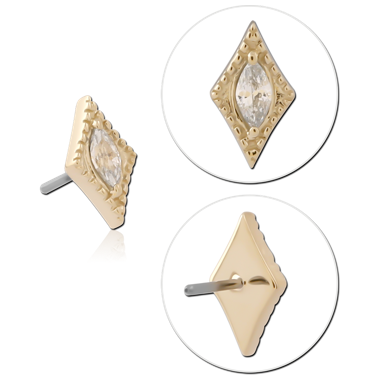 14K YELLOW GOLD TOP WITH TITANIUM THREADLESS PIN MARQUISE GEM BEADED FRAME