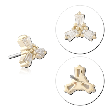 14K YELLOW GOLD ATTACHMENT WITH TITANIUM THREADLESS PIN TRIPLE BAGUETTE GEM CLUSTER