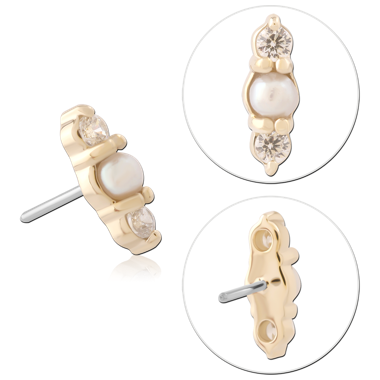 14K YELLOW GOLD PEARL AND DOUBLE GEM TOP WITH TITANIUM THREADLESS PIN