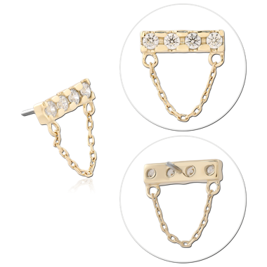 14K YELLOW GOLD THREADLESS ATTACHMENT TRIPLE GEM BAR WITH CHAIN DRAPE