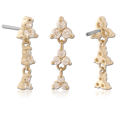 14K YELLOW GOLD TOP WITH TITANIUM THREADLESS PIN TRIPLE CLUSTER GEM DANGLE