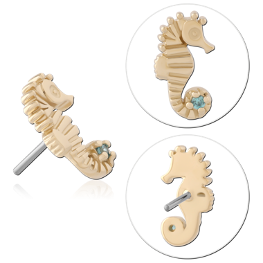 14K YELLOW GOLD THREADLESS TOP LEFT FACING SEAHORSE WITH AQUA GEM