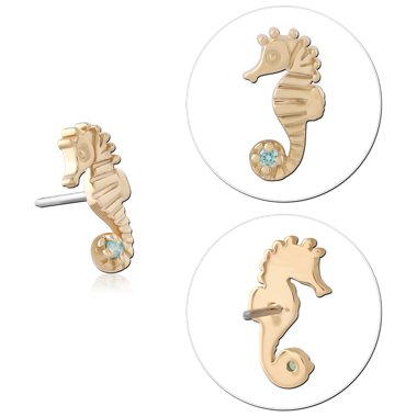 14K YELLOW GOLD THREADLESS TOP RIGHT FACING SEAHORSE WITH AQUA GEM