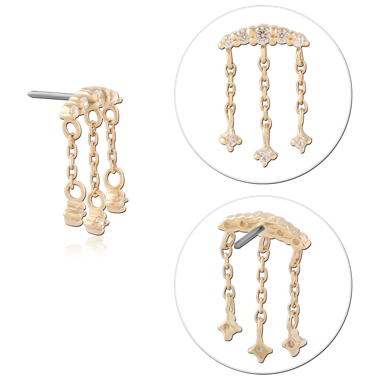 14K YELLOW GOLD TOP WITH TITANIUM THREADLESS PIN GEMMED CURVE WITH TRIPLE CHAIN CHARMS