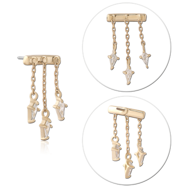 14K YELLOW GOLD THREADLESS TOP TRIPLE CHAIN DANGLE CLEAR GEMS