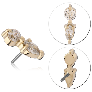 14K YELLOW GOLD JEWELED ATTACHMENT WITH TITANIUM THREADLESS PIN ROUND AND MARQUISE GEM
