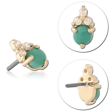 14K YELLOW GOLD THREADLESS TOP GREEN CABOCHON AND TRIPLE CLEAR GEM CLUSTER