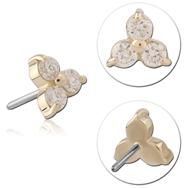 14K YELLOW GOLD JEWELED ATTACHMENT WITH TITANIUM THREADLESS PIN TRIPLE ROUND GEM CLUSTER