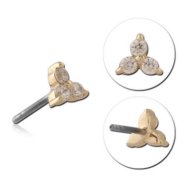 14K YELLOW GOLD JEWELED ATTACHMENT WITH TITANIUM THREADLESS PIN THREE ROUND GEM CLUSTER