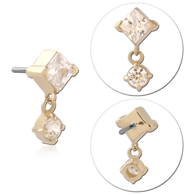14K YELLOW GOLD THREADLESS TOP PRINCESS CUT CLEAR GEM WITH DANGLE CHARM