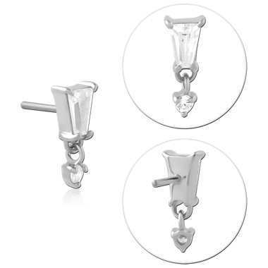 14K WHITE GOLD THREADLESS TOP TAPERED BAGUETTE GEM WITH ROUND GEM CHARM