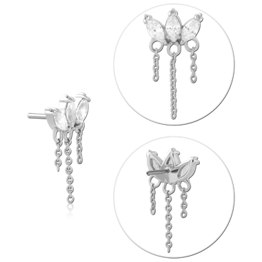 14K WHITE GOLD THREADLESS TOP TRIPLE MARQUISE GEM WITH CHAIN DANGLES