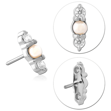 14K WHITE GOLD PEARL AND DOUBLE GEM TOP WITH TITANIUM THREADLESS PIN