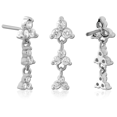 14K WHITE GOLD TOP WITH TITANIUM THREADLESS PIN TRIPLE CLUSTER GEM DANGLE
