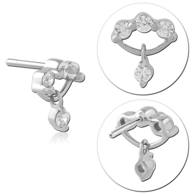 14K WHITE GOLD THREADLESS TOP TRIPLE GEM ARCH WITH TEARDROP DANGLE