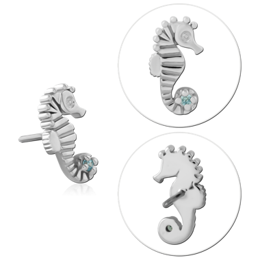 14K WHITE GOLD SEAHORSE TOP WITH TITANIUM THREADLESS PIN LEFT FACING GEM