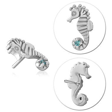 14K WHITE GOLD SEAHORSE TOP WITH TITANIUM THREADLESS PIN RIGHT FACING GEM