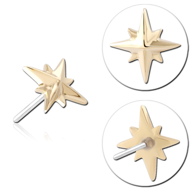 STERILE 14K YELLOW GOLD TOP WITH TITANIUM THREADLESS PIN EIGHT POINT STARBURST