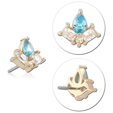 14K YELLOW GOLD THREADLESS TOP BLUE TEARDROP AND CLEAR GEM CLUSTER