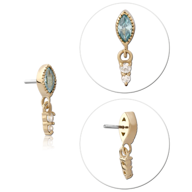 STERILE 14K YELLOW GOLD THREADLESS TOP MARQUISE AQUAMARINE GEM WITH GRADUATED TRIPLE GEM DANGLE