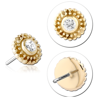 STERILE 14K YELLOW GOLD TOP WITH TITANIUM THREADLESS PIN BEADED HALO ROUND GEM