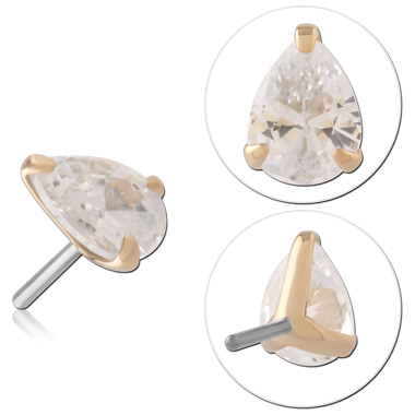 STERILE 14K YELLOW GOLD TOP WITH TITANIUM THREADLESS PIN PEAR CLEAR GEM PRONG