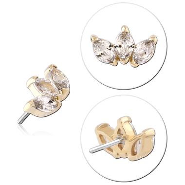 STERILE 14K YELLOW GOLD ATTACHMENT WITH TITANIUM THREADLESS PIN TRIPLE MARQUISE CLEAR GEMS