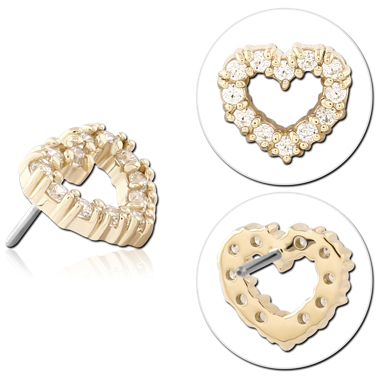 STERILE 14K YELLOW GOLD ATTACHMENT WITH TITANIUM THREADLESS PIN PAVE HEART OUTLINE