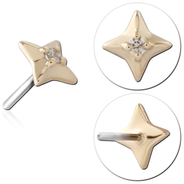 14K YELLOW GOLD THREADLESS TOP FOUR-POINT STAR WITH CLEAR GEM
