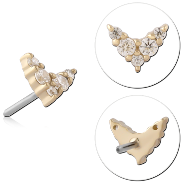 STERILE 14K YELLOW GOLD ATTACHMENT WITH TITANIUM THREADLESS PIN GRADUATED V SHAPE GEM CLUSTER