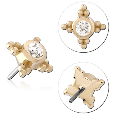STERILE 14K YELLOW GOLD TOP WITH TITANIUM THREADLESS PIN BEADED FOUR-POINT GEM